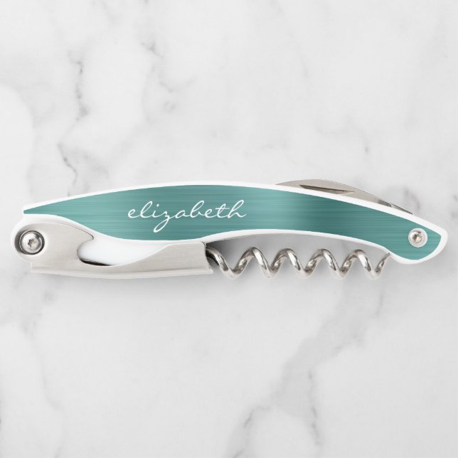 Green Faux Brushed Metal Personalised Script Corkscrew (Front)