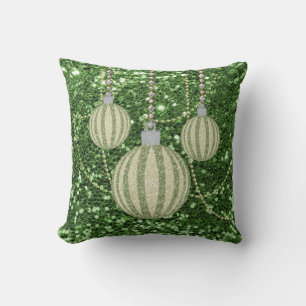 Green Faux Glitter Christmas Ball Ornaments Cushion