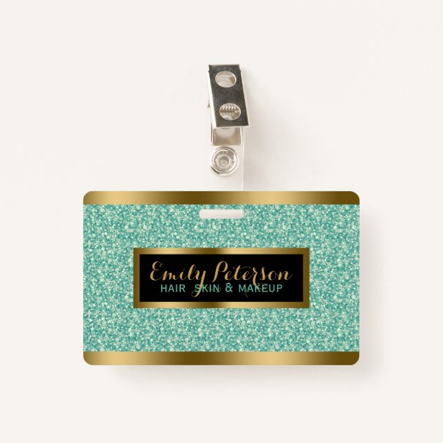 Green Faux Glitter Gold Accents ID Badge (Front with Clip)