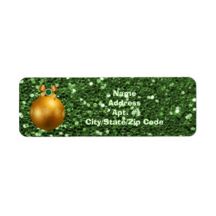 Green Faux Glitter Gold Ball Ornament Return Address Label