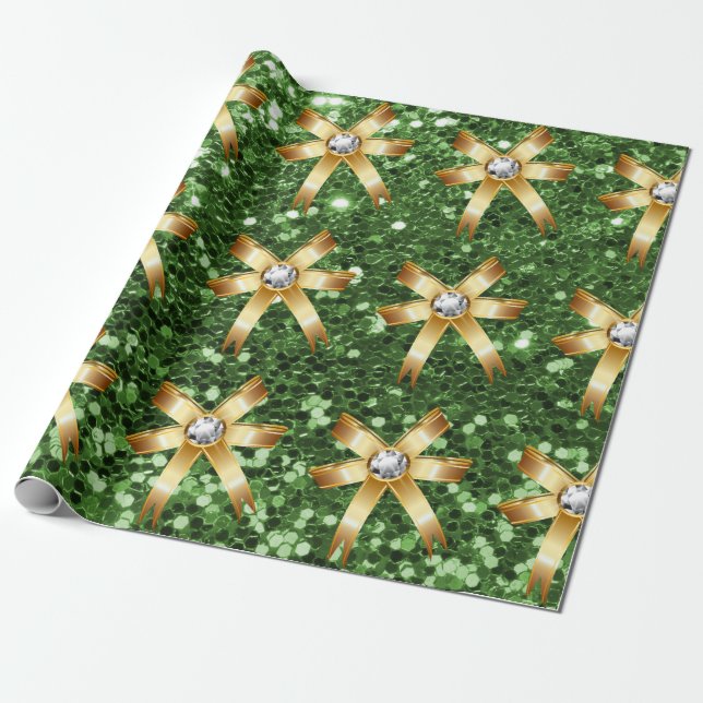 Green Faux Glitter Gold Diamond Bows Wrapping Paper (Unrolled)