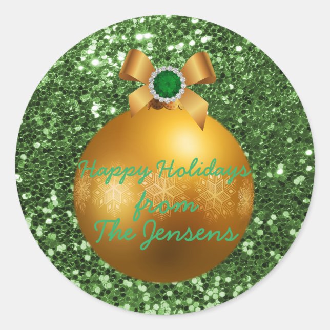 Green Faux Glitter Gold Ornament Classic Round Sticker (Front)