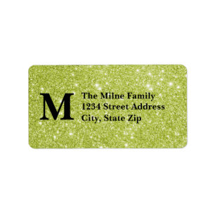 Green Faux Glitter Monogram Address Labels