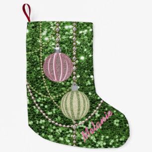 Green Faux Glitter Pink & Green Ornament Balls Small Christmas Stocking