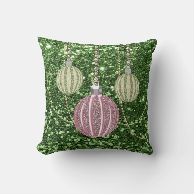 Green Faux Glitter Pink &Green Xmas Ball Ornaments Cushion (Front)