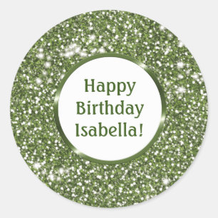Green Faux Glitter Texture Custom Happy Birthday Classic Round Sticker