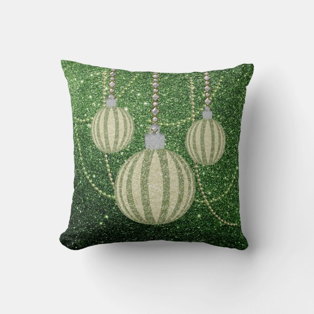Green Faux GlitterTexture Christmas Ball Ornaments Cushion (Front)