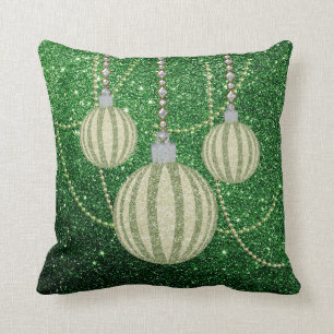 Green Faux GlitterTexture Christmas Ball Ornaments Cushion