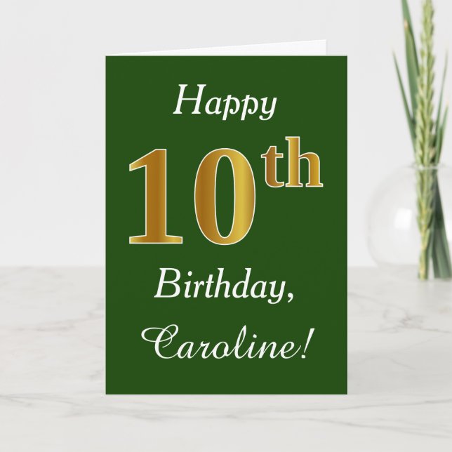 Green, Faux Gold 10th Birthday + Custom Name Card (Front)