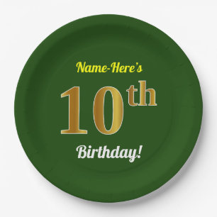 Green, Faux Gold 10th Birthday + Custom Name Paper Plate