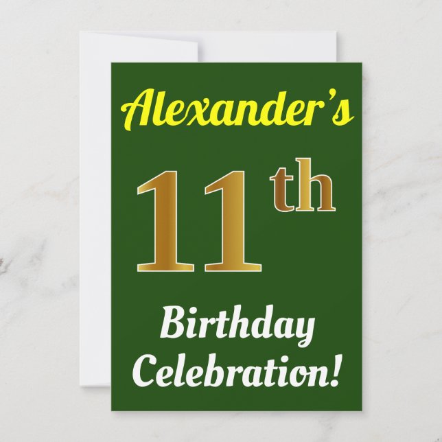 Green, Faux Gold 11th Birthday Celebration + Name Invitation (Front)