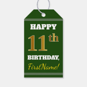 Green, Faux Gold 11th Birthday + Custom Name Gift Tags