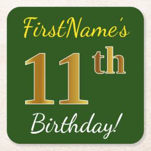 Green, Faux Gold 11th Birthday + Custom Name Square Paper Coaster
