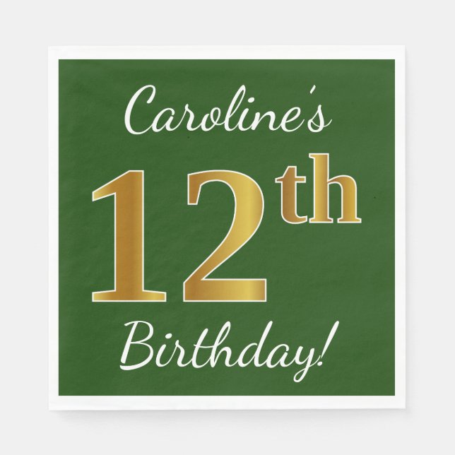 Green, Faux Gold 12th Birthday + Custom Name Napkin (Front)