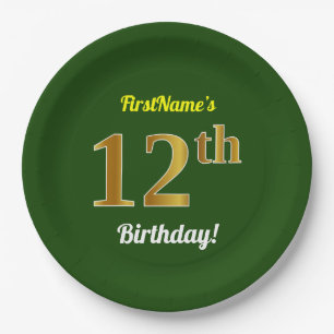 Green, Faux Gold 12th Birthday + Custom Name Paper Plate