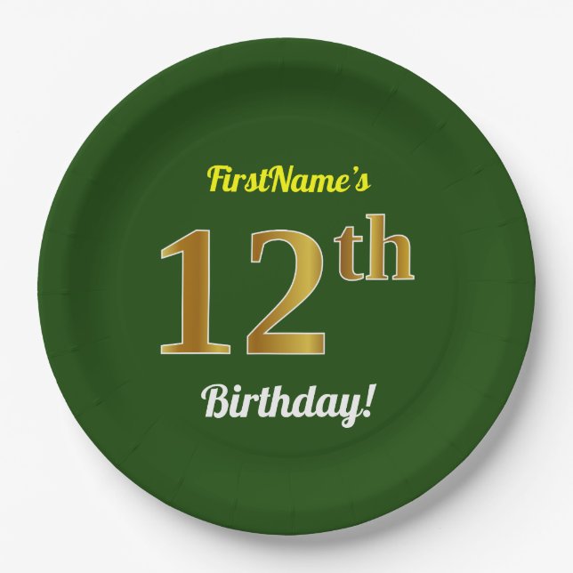 Green, Faux Gold 12th Birthday + Custom Name Paper Plate (Front)
