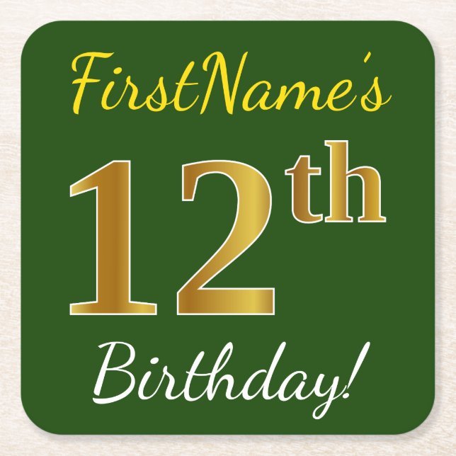 Green, Faux Gold 12th Birthday + Custom Name Square Paper Coaster (Front)