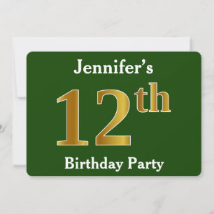 Green, Faux Gold 12th Birthday Party + Custom Name Invitation