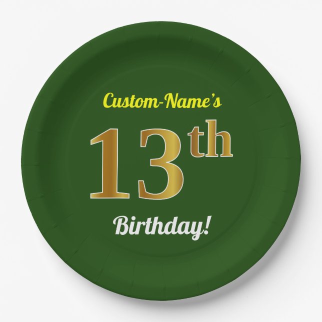 Green, Faux Gold 13th Birthday + Custom Name Paper Plate (Front)