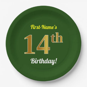 Green, Faux Gold 14th Birthday + Custom Name Paper Plate