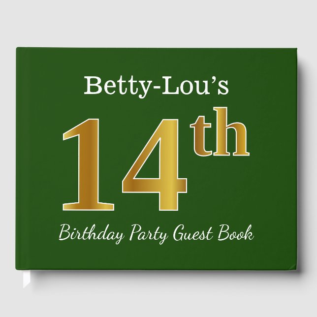 Green, Faux Gold 14th Birthday Party + Custom Name Guest Book (Front)