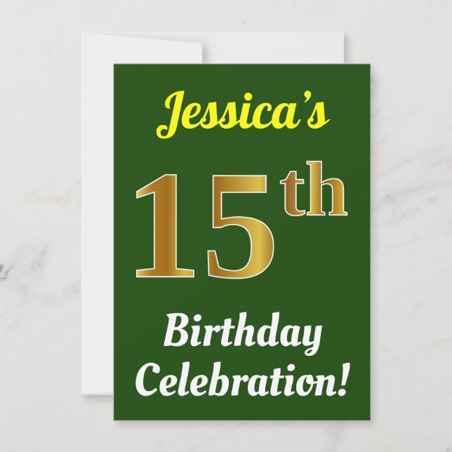 Green, Faux Gold 15th Birthday Celebration + Name Invitation (Front)