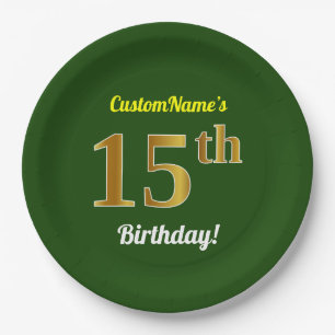Green, Faux Gold 15th Birthday + Custom Name Paper Plate