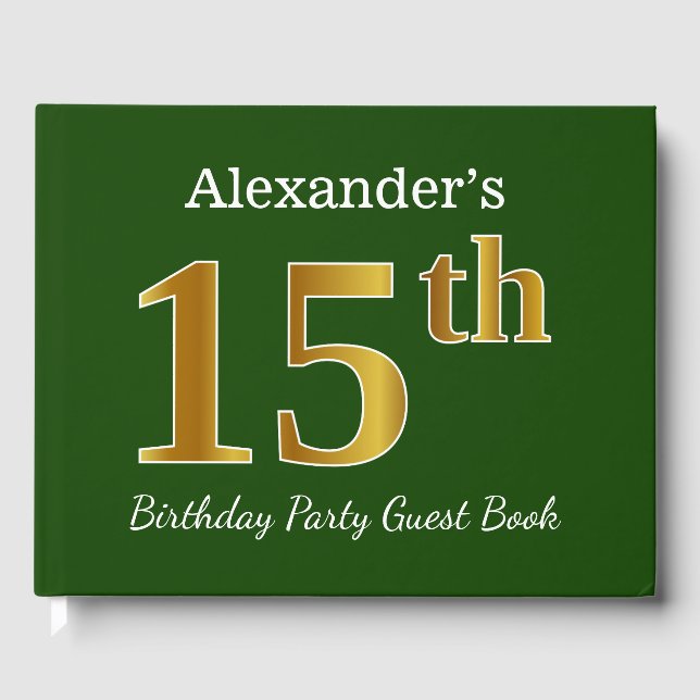 Green, Faux Gold 15th Birthday Party + Custom Name Guest Book (Front)