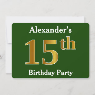 Green, Faux Gold 15th Birthday Party + Custom Name Invitation