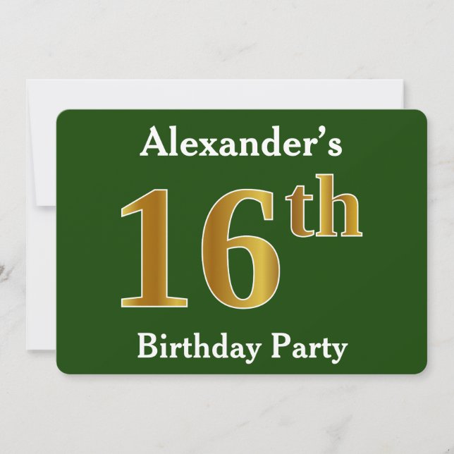 Green, Faux Gold 16th Birthday Party + Custom Name Invitation (Front)