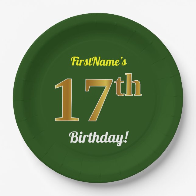 Green, Faux Gold 17th Birthday + Custom Name Paper Plate (Front)