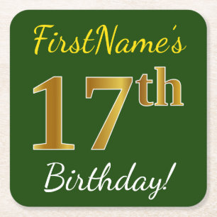 Green, Faux Gold 17th Birthday + Custom Name Square Paper Coaster