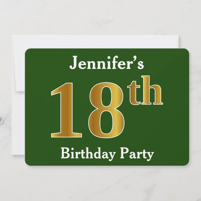Green, Faux Gold 18th Birthday Party + Custom Name Invitation (Front)