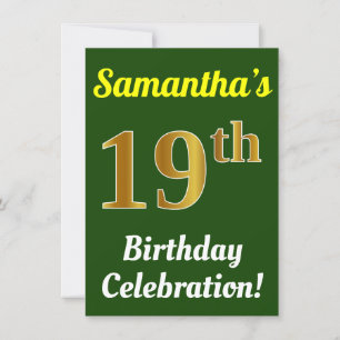 Green, Faux Gold 19th Birthday Celebration + Name Invitation