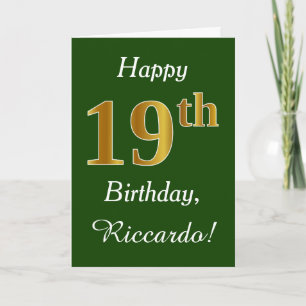 Green, Faux Gold 19th Birthday + Custom Name Card