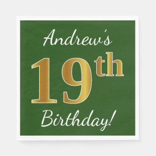 Green, Faux Gold 19th Birthday + Custom Name Napkin