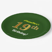 Green, Faux Gold 19th Birthday + Custom Name Paper Plate (Angled)