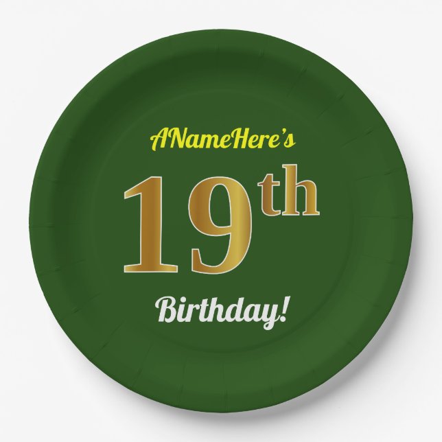 Green, Faux Gold 19th Birthday + Custom Name Paper Plate (Front)