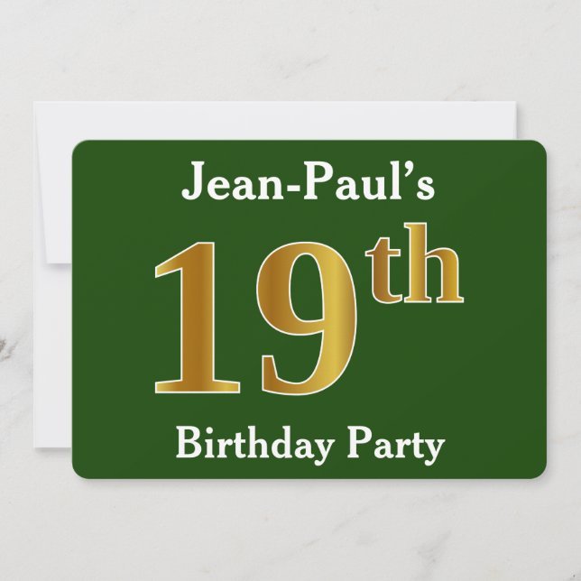 Green, Faux Gold 19th Birthday Party + Custom Name Invitation (Front)
