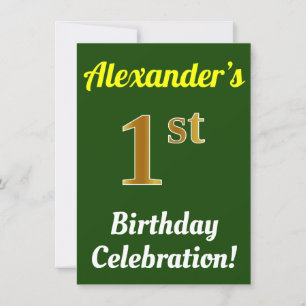 Green, Faux Gold 1st Birthday Celebration + Name Invitation