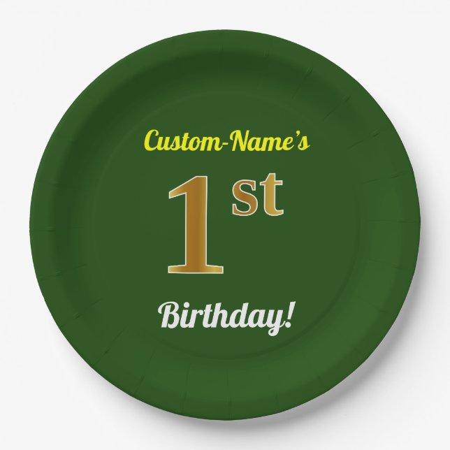Green, Faux Gold 1st Birthday + Custom Name Paper Plate (Front)