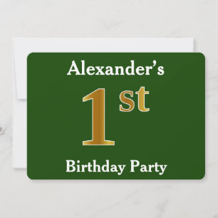 Green, Faux Gold 1st Birthday Party + Custom Name Invitation