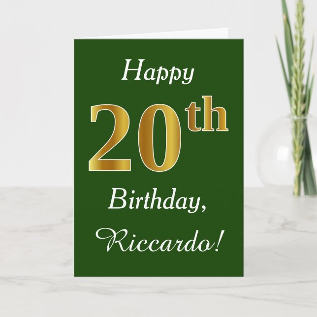 Green, Faux Gold 20th Birthday + Custom Name Card (Front)
