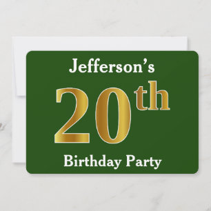 Green, Faux Gold 20th Birthday Party + Custom Name Invitation