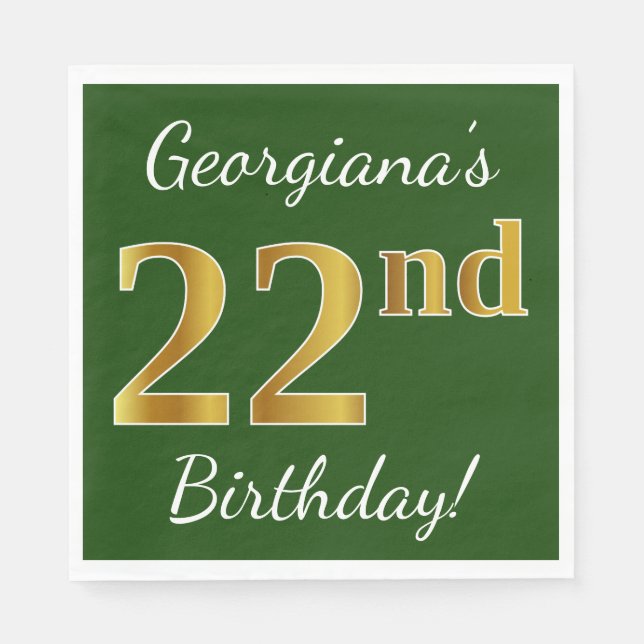 Green, Faux Gold 22nd Birthday + Custom Name Napkin (Front)