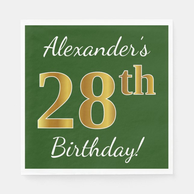 Green, Faux Gold 28th Birthday + Custom Name Napkin (Front)