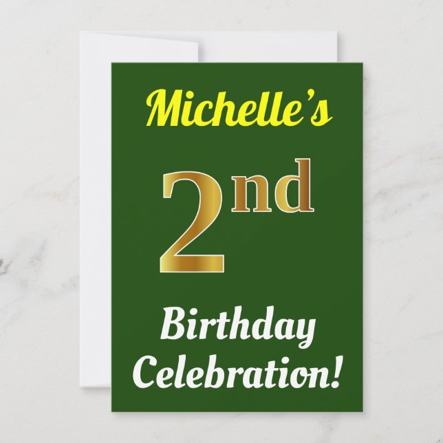 Green, Faux Gold 2nd Birthday Celebration + Name Invitation (Front)