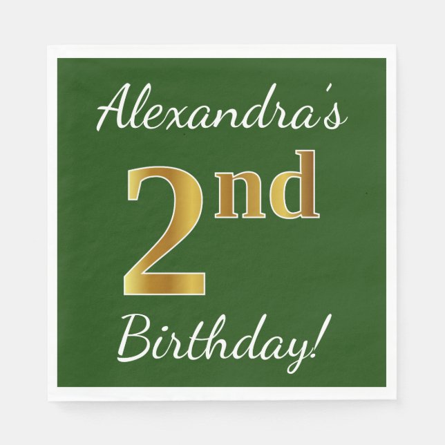 Green, Faux Gold 2nd Birthday + Custom Name Napkin (Front)
