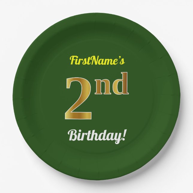 Green, Faux Gold 2nd Birthday + Custom Name Paper Plate (Front)