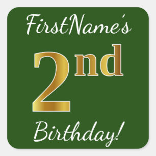 Green, Faux Gold 2nd Birthday + Custom Name Square Sticker